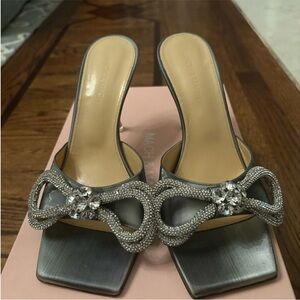 MACH & MACH Silver Heels with Crystal Bow Embellishments